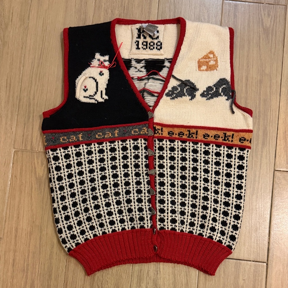 Vintage Cat Pattern Wool Sweater Vest - 1988